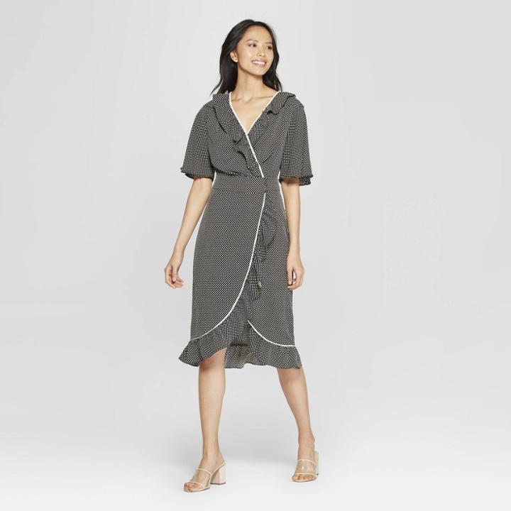 Women's Polka Dot Short Sleeve Button Front Wrap Dress - Who What Wear Black