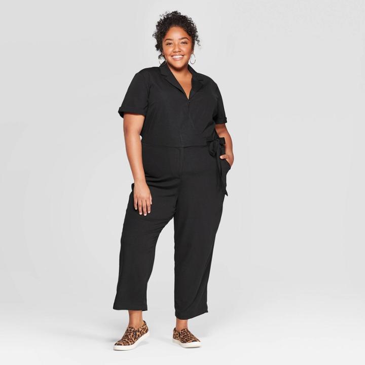 Women's Plus Size Short Sleeve Notch Collar Jumpsuit - Ava & Viv Black