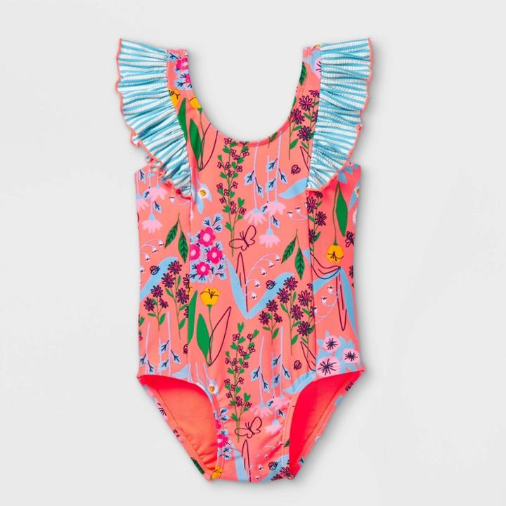 Toddler Girls' Floral Print One Piece Swimsuit - Cat & Jack Moxie Peach