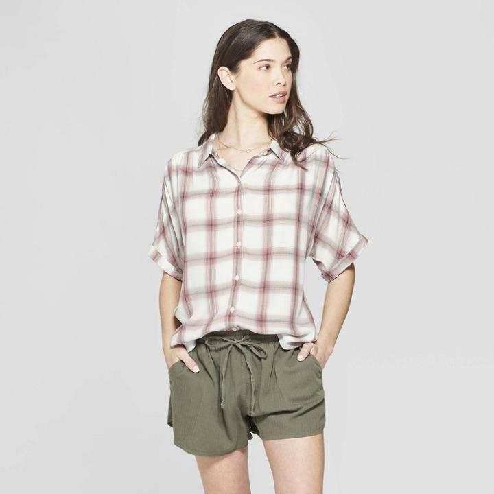 Women's Plaid Short Sleeve Collared Camp Shirt - Universal Thread Pink