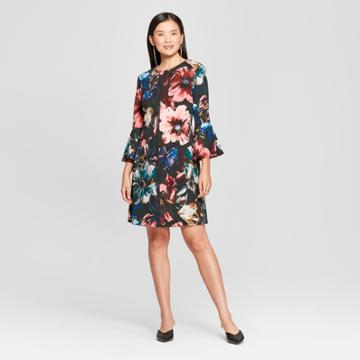 Women's Floral Print Bell Sleeve Crepe Dress - Melonie T - Green