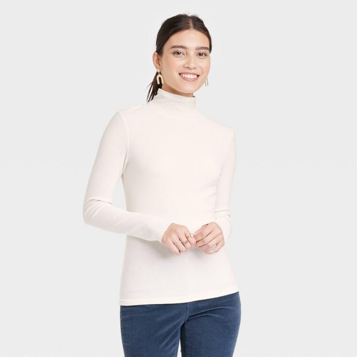 Women's Long Sleeve Waffle Knit Mock Turtleneck Slim Fit T-shirt - Universal Thread Cream