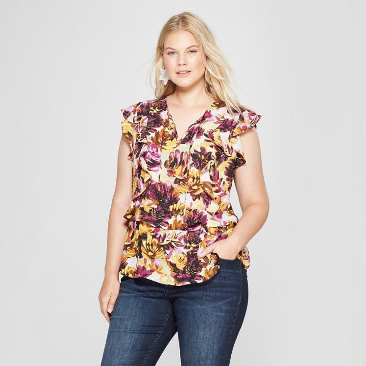 Women's Plus Size Floral Print Ruffle Sleeveless Blouse - Ava & Viv Gold X