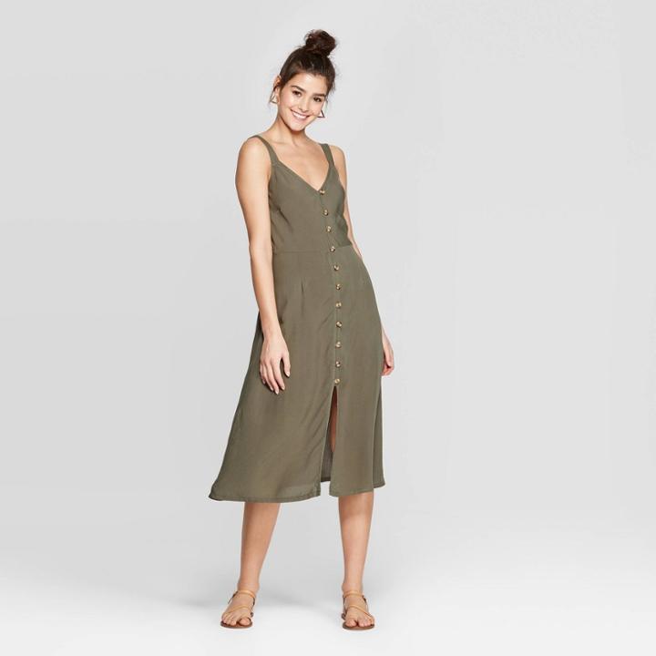 Women's V-neck Strappy Button Front Midi Dress - Xhilaration Olive