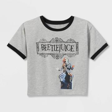 Warner Bros. Girls' Beetlejuice Halloween Cropped Graphic T-shirt - Black/heather Gray