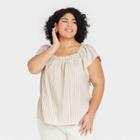 Women's Plus Size Ruffle Short Sleeve Smocked Top - A New Day Cream Striped 1x, Ivory