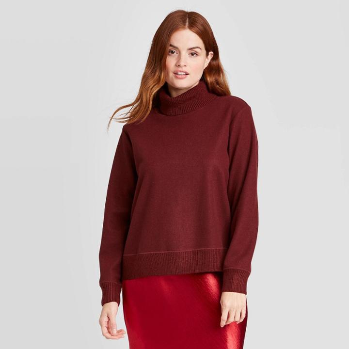Women's Long Sleeve Turtleneck Sweater Trim T-shirt - A New Day Burgundy