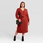 Women's Plus Size Long Sleeve Belted Midi Sweater Dress - Ava & Viv Red X