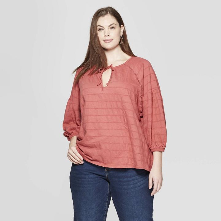 Women's Plus Size Striped Long Sleeve V-neck Knit Boho Top - Universal Thread Rose (pink)