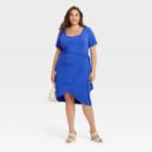 Women's Plus Size Short Sleeve Knit Wrap Dress - Ava & Viv Blue