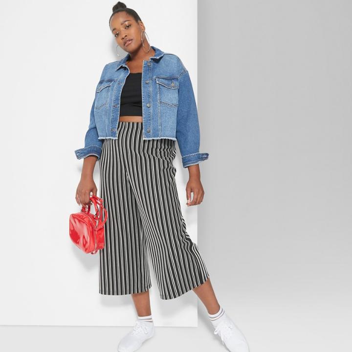 Women's Plus Size Striped Wide Leg Cropped Soft Pants - Wild Fable Black
