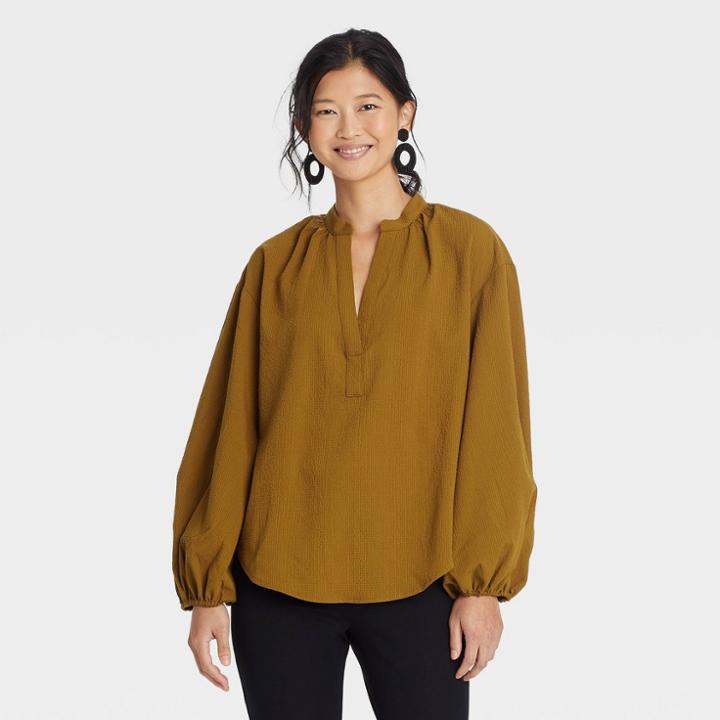 Women's Balloon Long Sleeve Popover Blouse - A New Day Olive Green