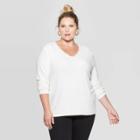Women's Plus Size Long Sleeve V-neck Lace Trim Top - Ava & Viv Cream X, Women's, Ivory