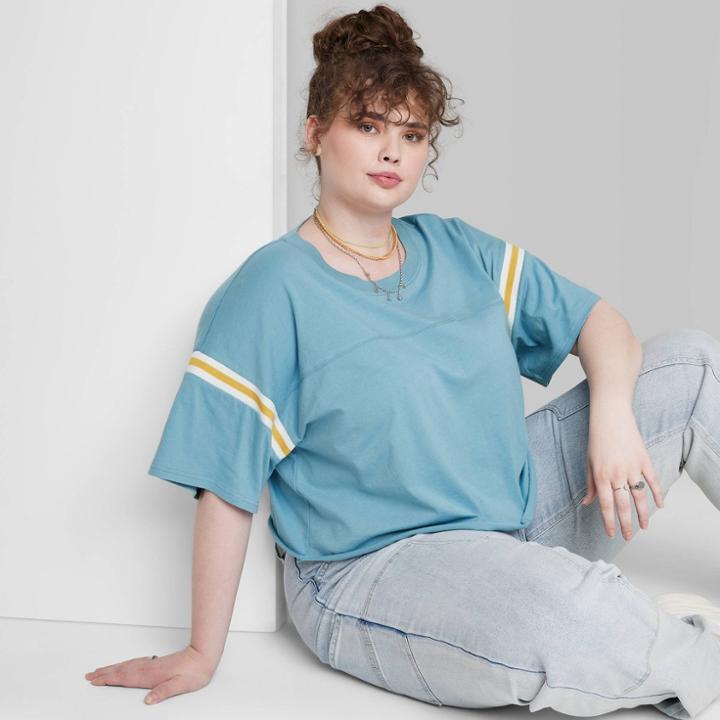 Women's Plus Size Short Sleeve Cropped T-shirt - Wild Fable Sky Blue