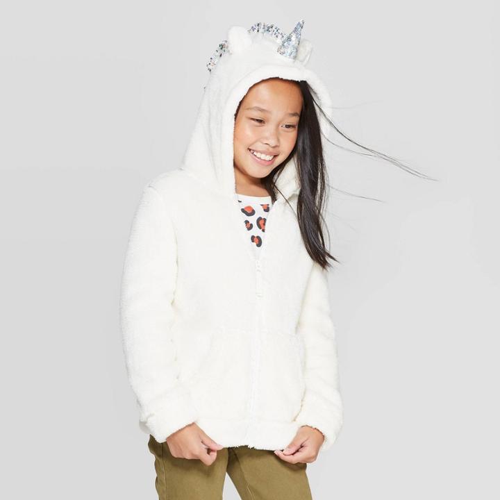 Girls' Long Sleeve Unicorn Sherpa Hoodie - Cat & Jack Cream Xs, Girl's, White