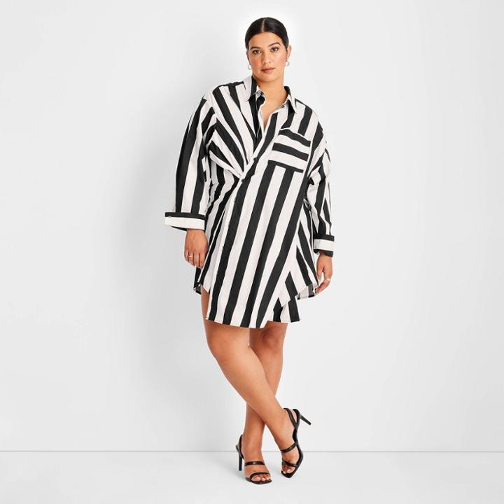 Women's Plus Size Striped Asymmetrical Long Sleeve Shirtdress - Future Collective With Kahlana Barfield Brown Black/white