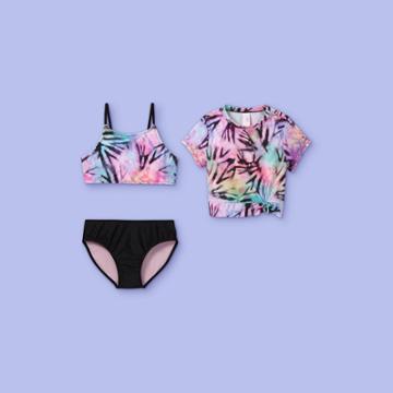 More Than Magic Girls' Beach Dreaming Tie-dye 3pc Short Sleeve Rash Guard Swimsuit Set - More Than