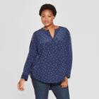Women's Plus Size Polka Dot Long Sleeve Woven Popover - Ava & Viv Navy