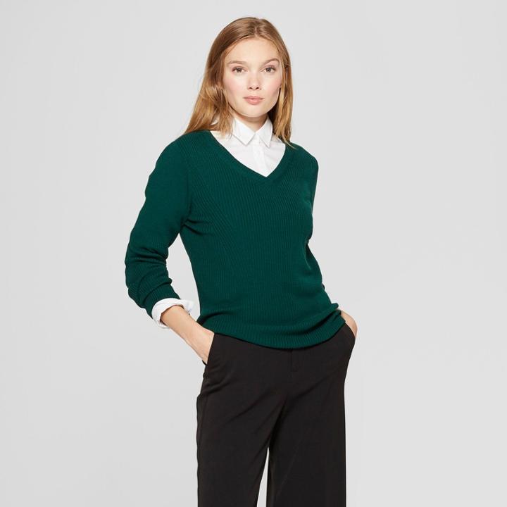 Women's V-neck Ribbed Pullover Sweater - A New Day Green
