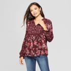 Women's Floral Print Long Sleeve Lace Trim Pintuck Top - Knox Rose Burgundy