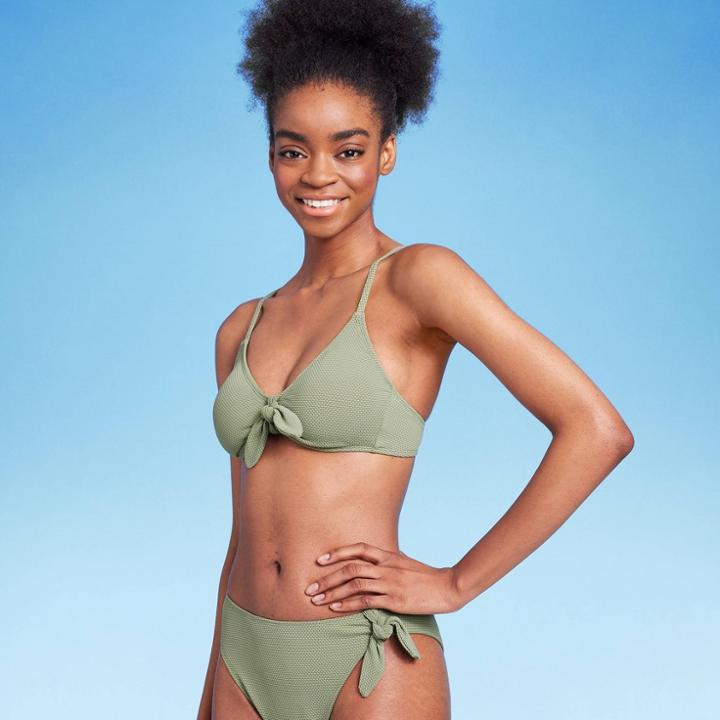 Women's Tie-front Pique Textured Bralette Bikini Top - Wild Fable Green Xxs