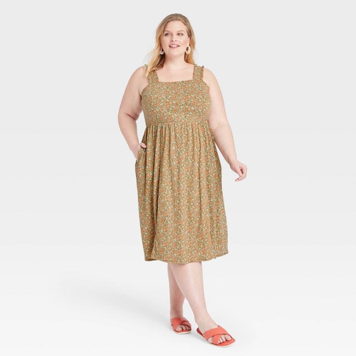 Women's Plus Size Ruffle Strap Dress - Ava & Viv Green Floral Print X