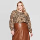 Women's Plus Size Leopard Print Long Sleeve Smocked Crewneck Top - Ava & Viv Brown X, Women's, Orange