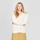 Women's Long Sleeve V-neck Cable Chenille Pullover Sweater - Universal Thread Cream L, Women's, Size: