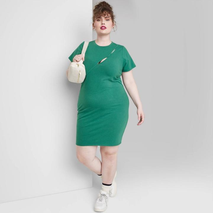 Women's Plus Size Short Sleeve Cut Out Detail Knit Bodycon Dress - Wild Fable Dark Teal Green