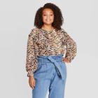 Women's Plus Size Animal Print Long Sleeve Scoop Neck Ruffle Shoulder Blouse - Who What Wear Brown X