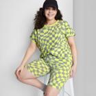 Women's Plus Size Short Sleeve Shrunken Boxy T-shirt - Wild Fable Lime Green Checks