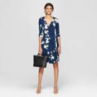 Women's Floral Print Slim Fit 3/4 Sleeve V-neck Knit Wrap Dress - A New Day Navy