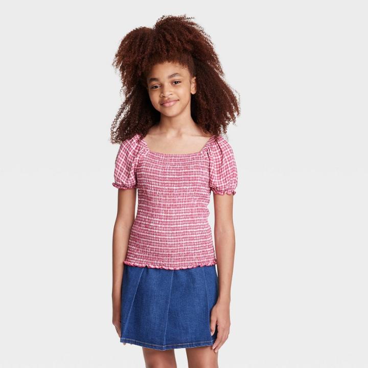 Girls' Smocked Bodice Puff Sleeve Woven Top - Art Class Red Plaid