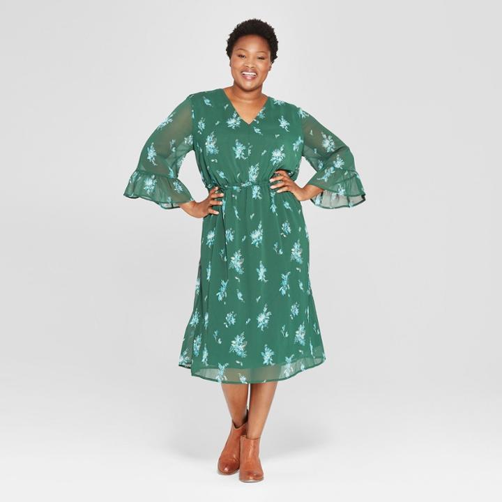 Women's Plus Size Floral Print Ruffle Waist Dress - Ava & Viv Green X
