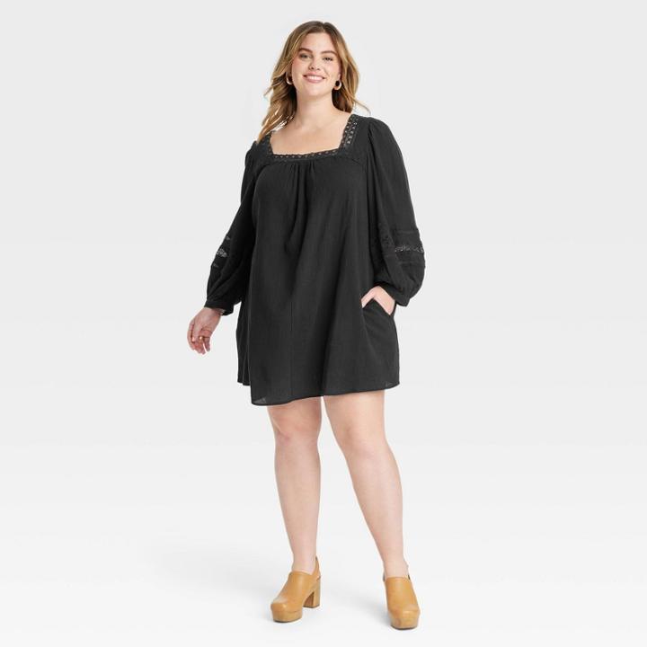 Women's Plus Size Balloon Long Sleeve Lace Inset Shift Dress - Universal Thread Black
