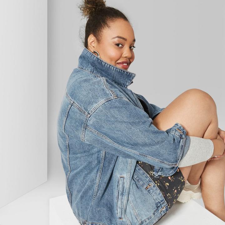 Women's Plus Size Denim Trucker Jacket - Wild Fable Medium Wash