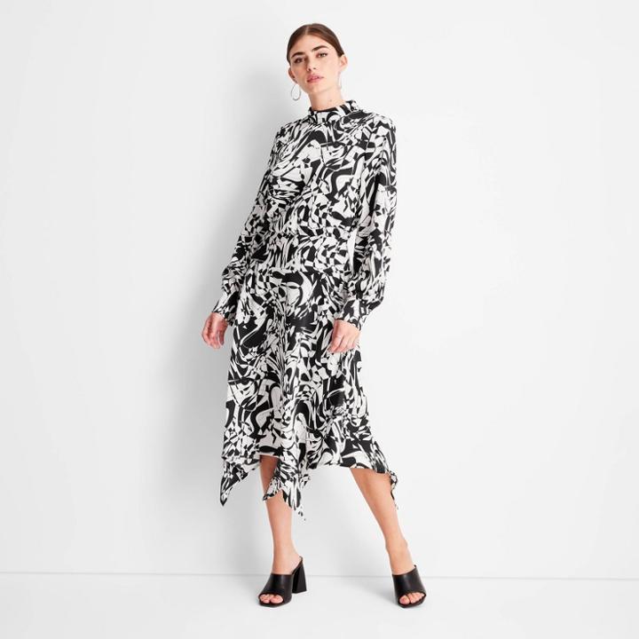 Women's Long Sleeve Mock Neck Asymmetrical A-line Dress - Future Collective With Kahlana Barfield Brown Black/white