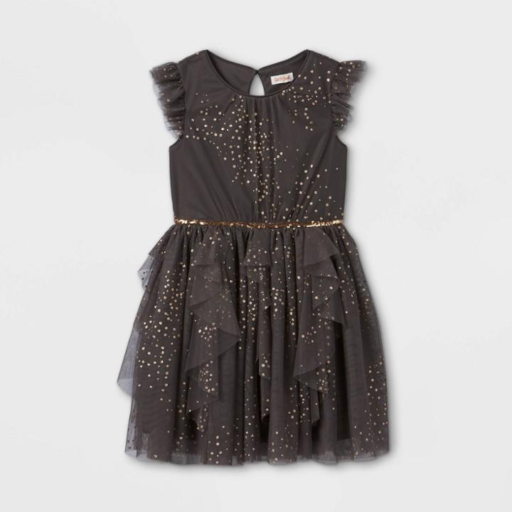 Girls' Sequin Trim Flutter Sleeve Dress - Cat & Jack Charcoal Gray/rose Gold