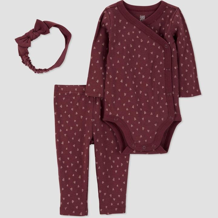 Carter's Just One You Baby Girls' 3pc Top & Bottom Set With Headband - Burgundy Newborn, Red