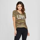 Women's Short Sleeve Love Clavicle Strappy Graphic T-shirt - Grayson Threads (juniors') Camo Green