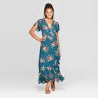 Petitewomen's Floral Print Short Sleeve Deep V-neck Wrap Maxi Dress - Xhilaration Teal M, Size: