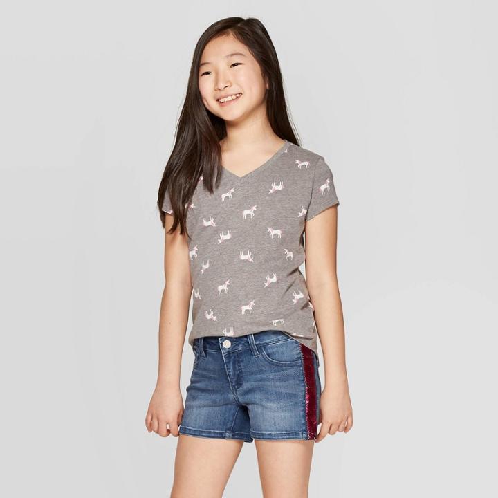 Girls' Unicorn Print V-neck T-shirt - Cat & Jack Gray