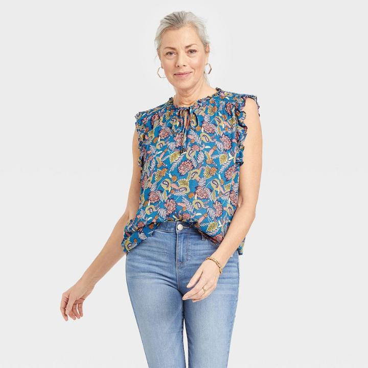 Women's Flutter Short Sleeve Top - Knox Rose Teal Blue Floral