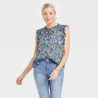 Women's Flutter Short Sleeve Top - Knox Rose Teal Blue Floral