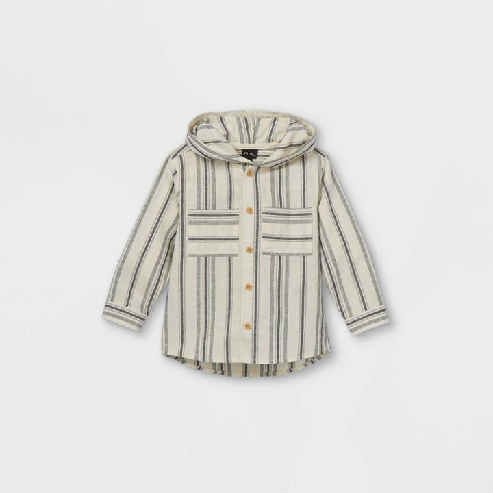 Toddler Boys' Striped Hooded Woven Long Sleeve Button-down Shirt - Art Class White