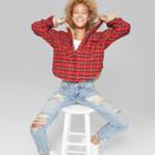 Women's Plaid Cropped Faux Fur Flannel Jacket - Wild Fable Red