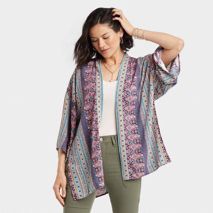 Women's 3/4 Sleeve Wrap Jacket - Knox Rose Purple Printed
