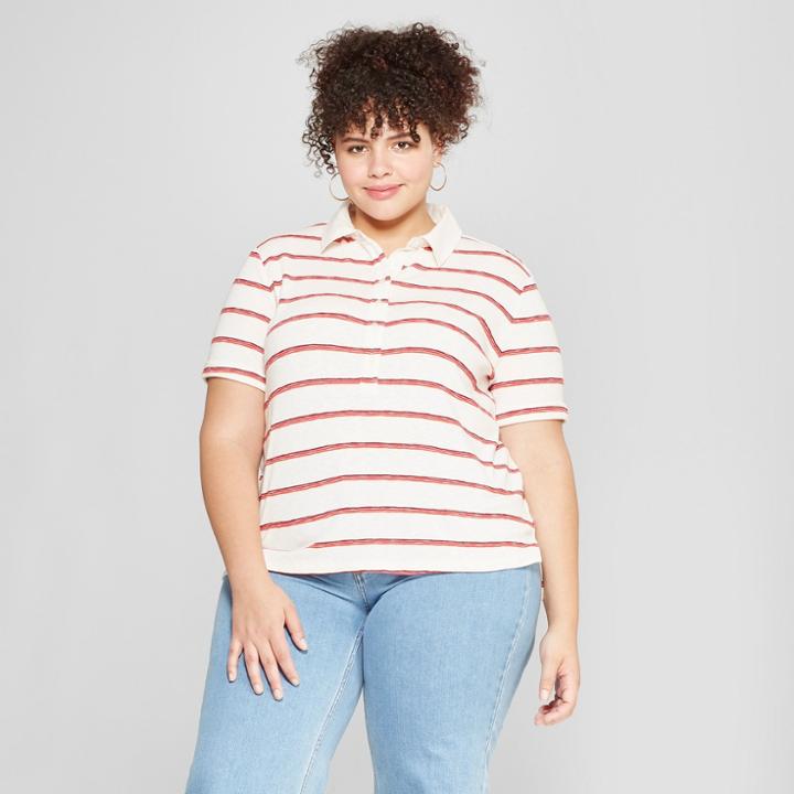 Women's Plus Size Striped Short Sleeve Polo Shirt - Universal Thread Cream/red