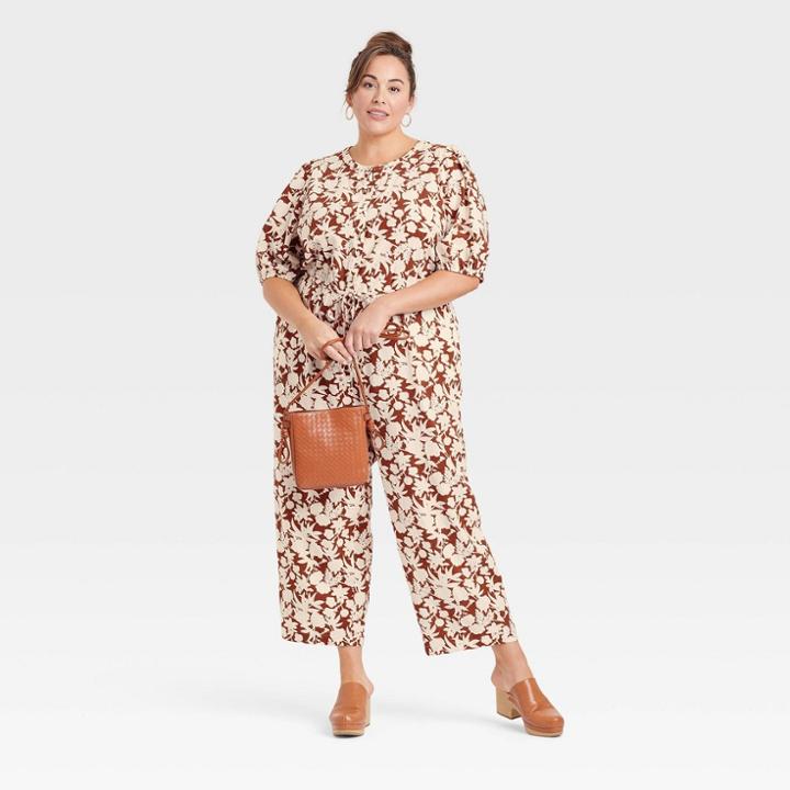 Women's Plus Size Puff 3/4 Sleeve Jumpsuit - Universal Thread Brown Floral
