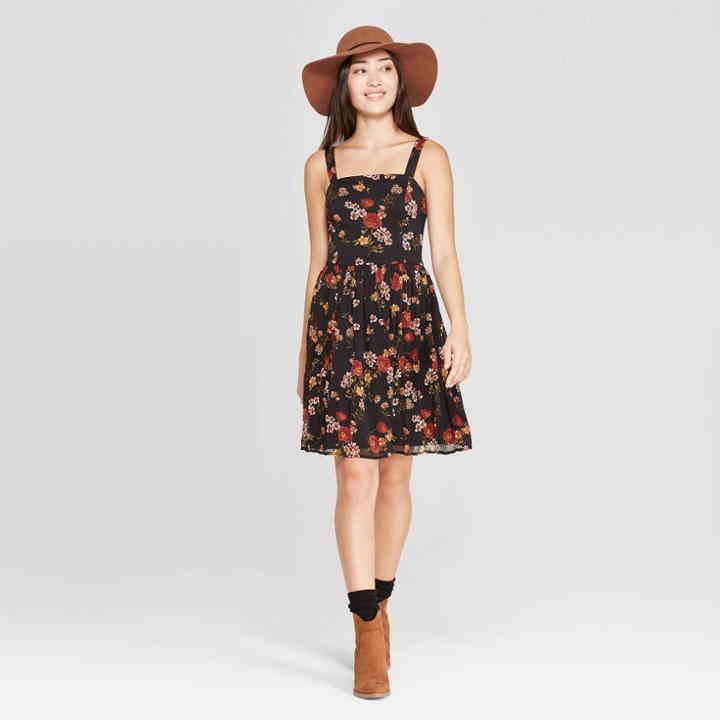 Women's Floral Print Sleeveless Square Neck Pleated Bottom Mini Dress - Xhilaration Black